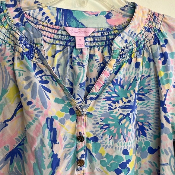 Lilly Pulitzer Women XS Elsa Silk Tunic Blouse Dancing on the Deck rainbow color - Picture 2 of 6